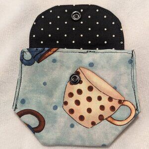 NWT Handmade Coin Purse - Coffee and tea cups and polka dots - OOAK